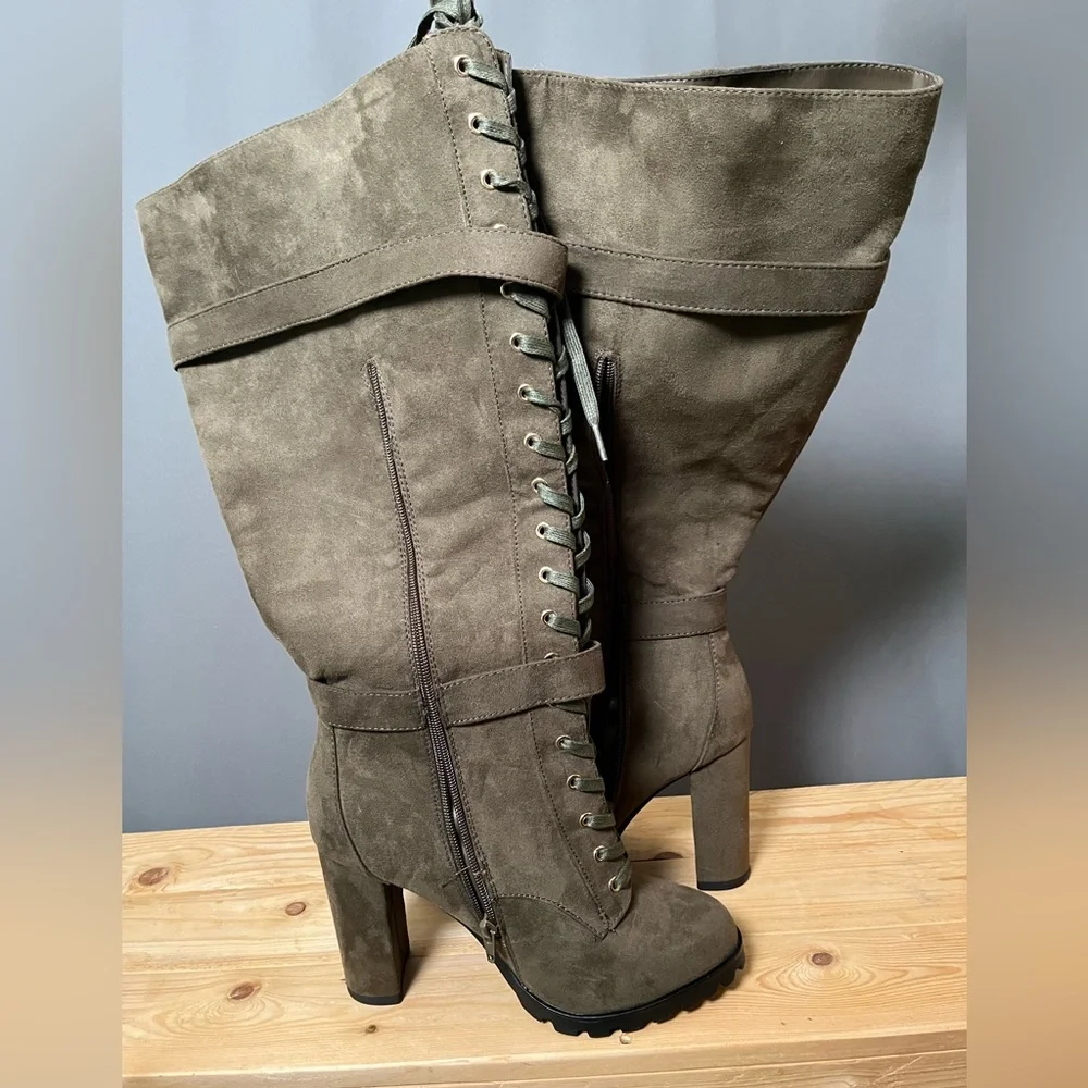 ‼️CLEARANCE Rangi Block Heeled Boots Olive Caviar Lace Up Women's 9 - Picture 7 of 10